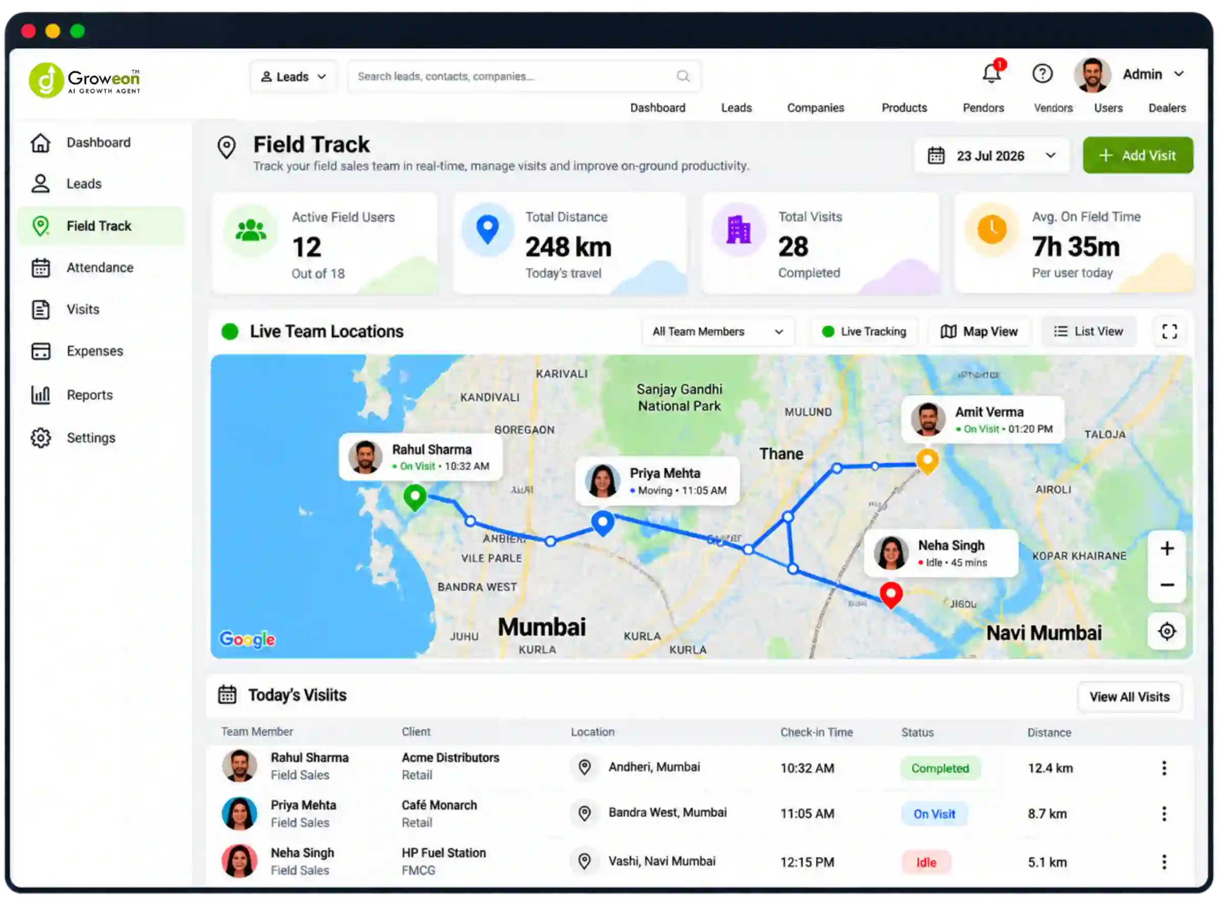 Groweon live location monitor dashboard